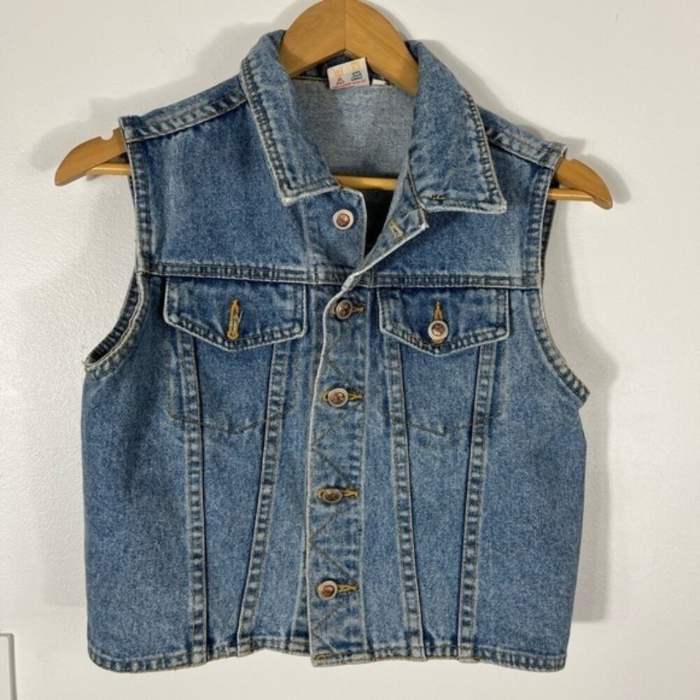 Vintage 90s Denim Vest Womens Sz Small Buttons Light Wash Jean Vest Retro Funky